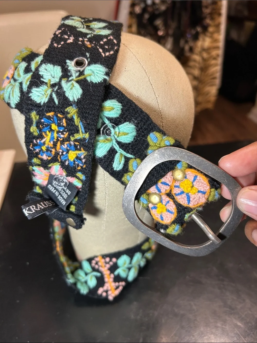 Jenny Kraus Black Embroidered 100% Wool Floral Belt - Mint & Pink Accents NWOTs - Picture 1 of 6